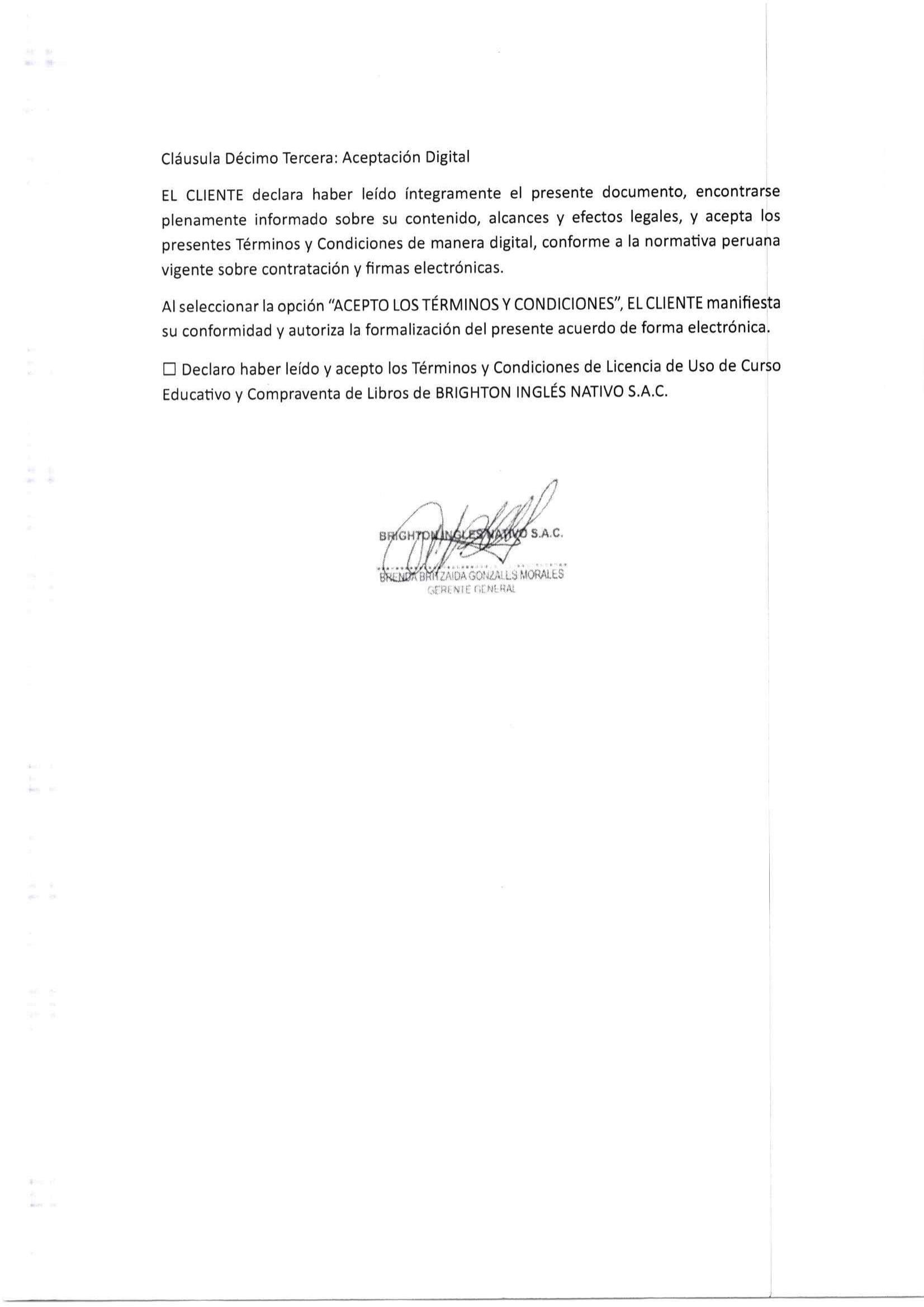 Firma y sello de la Gerente General - Brighton Inglés Nativo S.A.C.